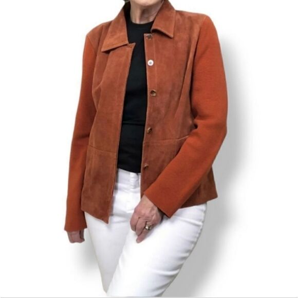 Sigrid Olsen Suede Leather and Silk Blend Knit Jacket in Pumpkin Size Medium - Picture 11 of 11